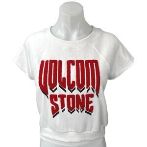Volcom Stone Women's White Red Graphic Print Short Sleeve Crop T Shirt Tee Top M